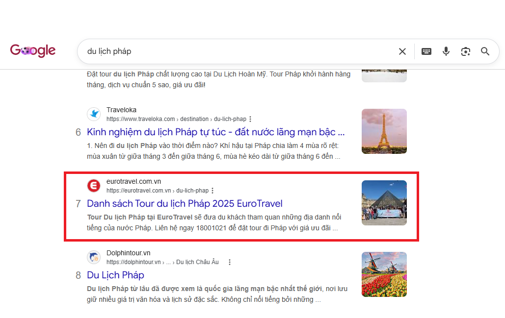 Kết quả Google cho từ khóa du lịch pháp, eurotravel.com.vn được đánh dấu