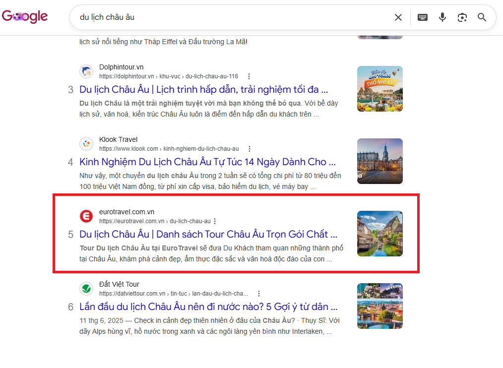 Kết quả Google cho từ khóa du lịch châu âu, eurotravel.com.vn được đánh dấu
