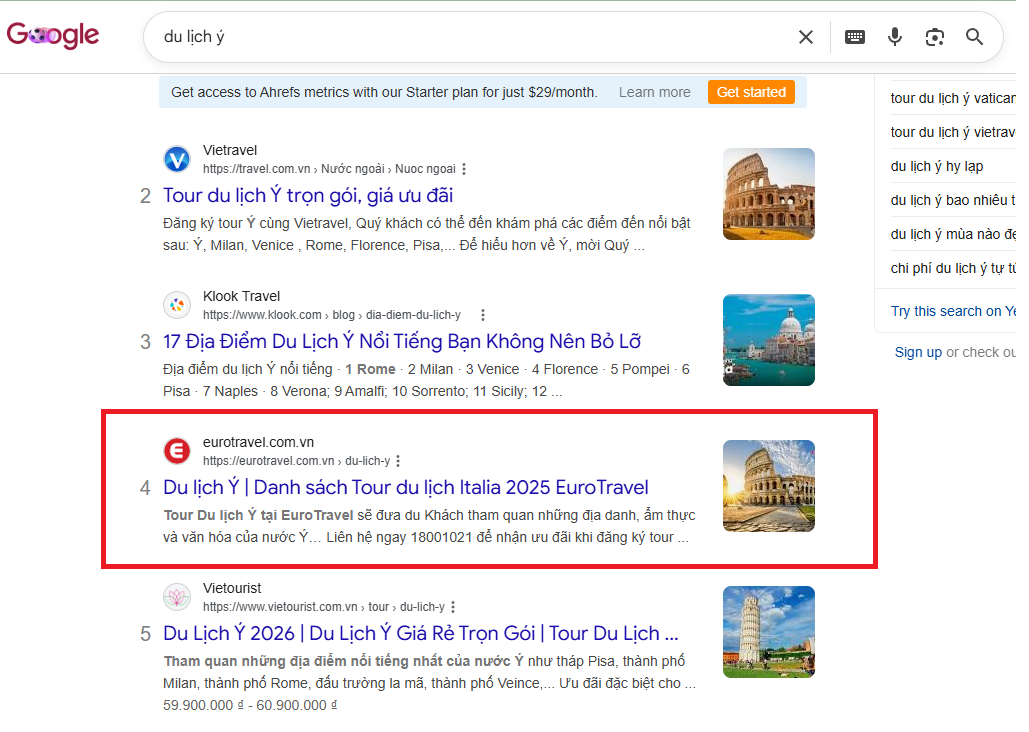Kết quả Google cho từ khóa du lịch ý, eurotravel.com.vn được đánh dấu
